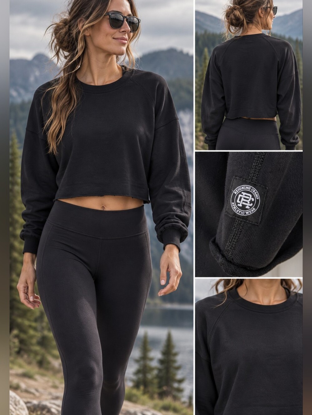 Reigning Champ Black Cropped Crewneck Sweatshirt Women's L 100% Pima Cotton Luxu